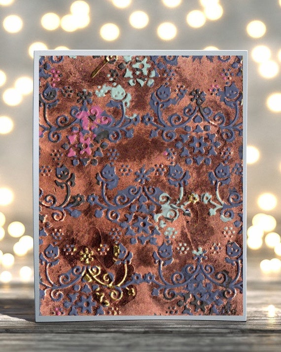 Copper Floral Swirls Embossed Folded Blank Greeting Card, Thank You Card