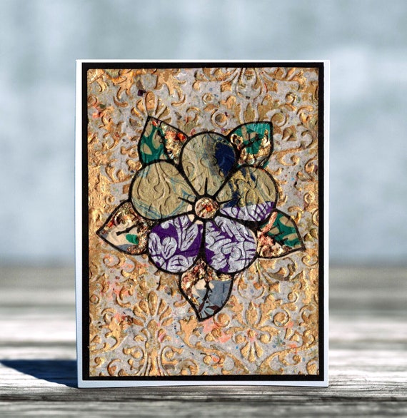 Handmade Embossed Damask & Traditional Flower Folded Blank Greeting Card, Thank You Card