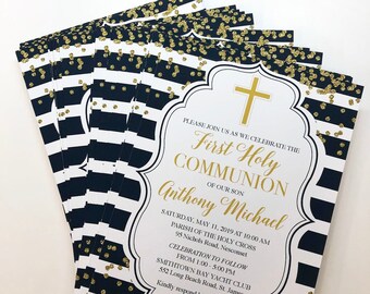 Gold Glitter & Navy Striped First Holy Communion Invitation