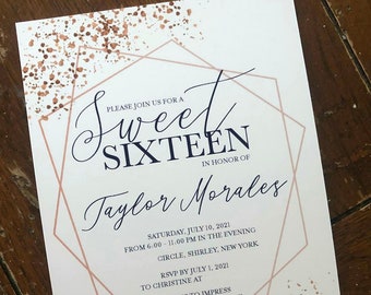 Navy Blue/Rose Gold Geometric Glitter Sweet 16 Invitation