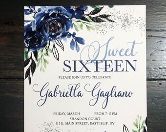 Navy Blue Floral Sweet 16 Invitation