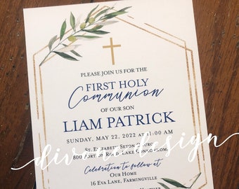 Gold & Greenery Geometric First Holy Communion Invitation