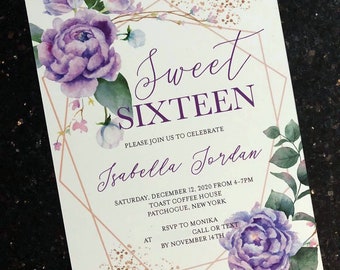 Purple Floral Rose Gold Glitter Sweet 16 Invitation