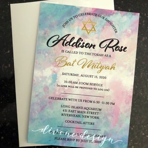 May include: A Bat Mitzvah invitation with a watercolor background in shades of blue, pink, and purple. The invitation includes the text "Addison Rose" and "Bat Mitzvah" in elegant fonts, along with event details and a Star of David symbol.