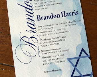 Blue Watercolor Bar Mitzvah Invitation
