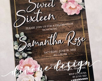 Farmhouse Floral Sweet 16, Wood Background Invitation