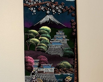 VTG sammet handmålad tempelrulle väggbonad texturerad japansk rull
