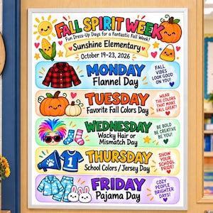 Op de afbeelding: Een rechthoekige poster met de titel Fall Spirit Week voor Sunshine Elementary, 19-23 oktober 2026. Het bevat de dagelijkse thema's: Monday Flannel Day, Tuesday Favorite Fall Colors Day, Wednesday Wacky Hair or Mismatch Day, Thursday School Colors/Jersey Day en Friday Pajama Day.