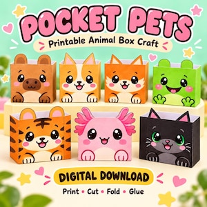 Puede incluir: Un conjunto de siete cajas de papel con caras de animales que incluyen un oso, perro, zorro, rana, tigre, ajolote y gato. El texto POCKET PETS Printable Animal Box Craft y DIGITAL DOWNLOAD Print Cut Fold Glue es visible en la imagen.