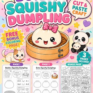 以下が含まれることがあります： Build A Squishy Dumplingというタイトルの印刷可能なクラフトセット。竹の蒸し器に入った餃子のキャラクター、パンダ、猫が描かれています。切り貼りアクティビティ、説明書、Squishy Dumpling Carnivalというタイトルのボーナス塗り絵ページを含む3ページ構成です。