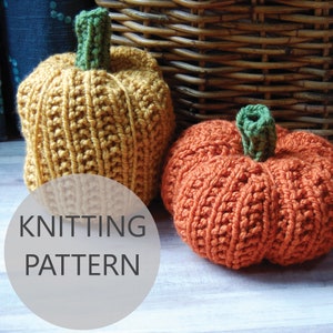 May include: Two knitted pumpkins, one orange and one yellow, with a "Knitting Pattern" text overlay.