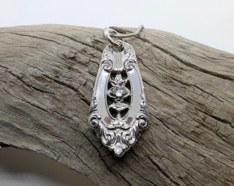 Wallace, Rose Point, Sterling Silver Spoon Pendant with Swarovski Crystal, from 1934, Antique