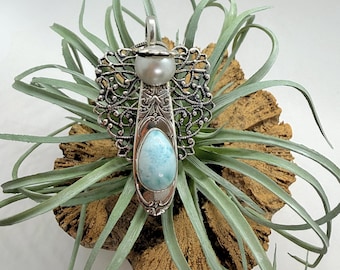 Larimar Angel Pendant, Silver Plate Silverware Jewelry, Blue Stone Angel Necklace, Upcycled Vintage Spoon Jewelry