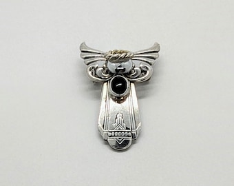 Onidea, Barbara, Silverplated Silverware Angel Pin, from 1931 with Black Onyx Stone