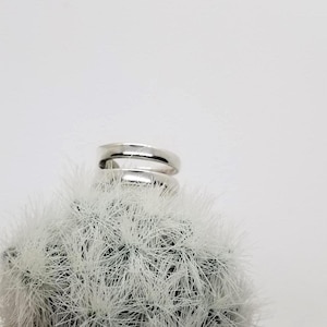 May include: A silver-colored ring with a double-band design. The ring is displayed on a cactus with white, spiky needles. The background is a plain white.