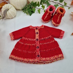 15" Waldorf Doll dress and booties in red and orange. Fits Bamboletta and other 15 inch Waldorf Dolls, Fall colors doll dress and booties