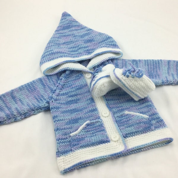 Blue Hoodie Set: Size up to 1 Month, 10lbs (4.5kg) 56cm height. Baby Hoodie & Booties Set, Newborn gift, New baby, Baby Boy gift,