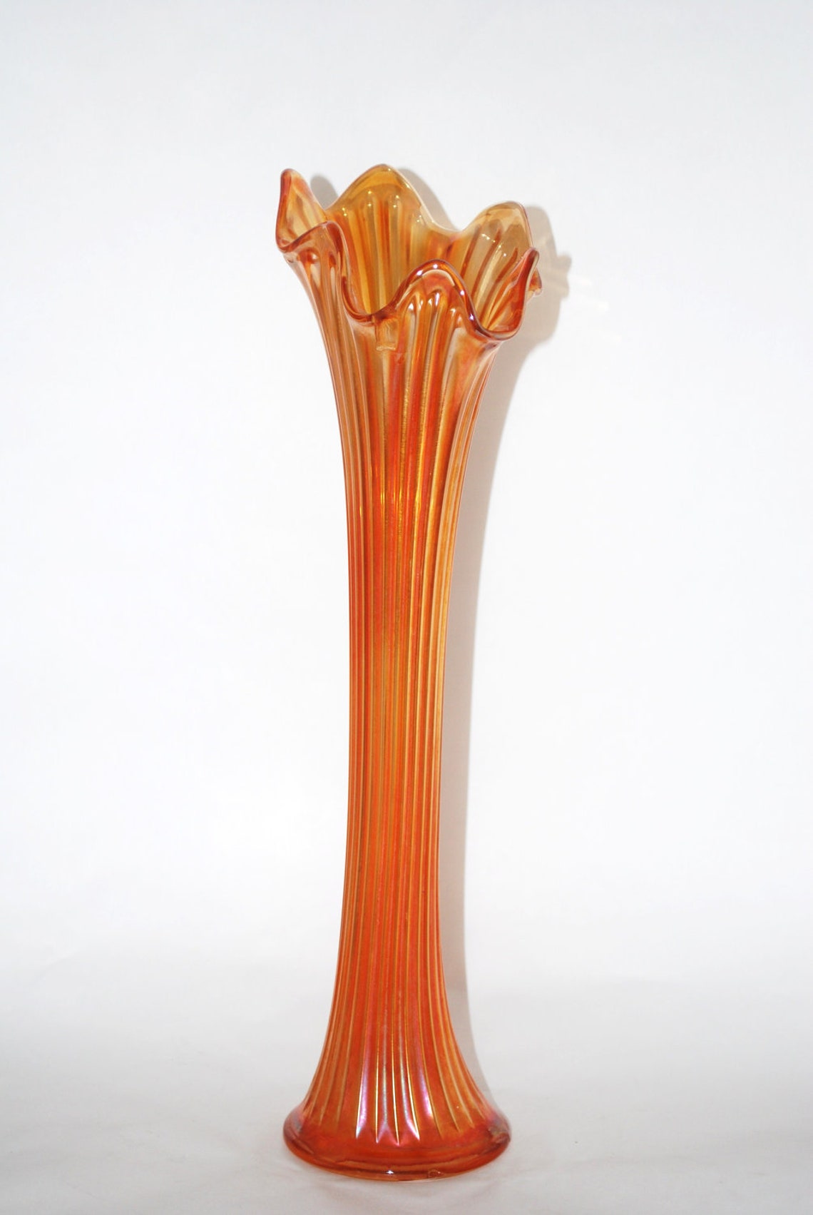Tall Vintage Orange Carnival Glass Fluted Vase Etsy