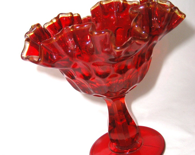 Vintage Red Fenton Thumbprint Art Glass Compote Double Crimped Etsy