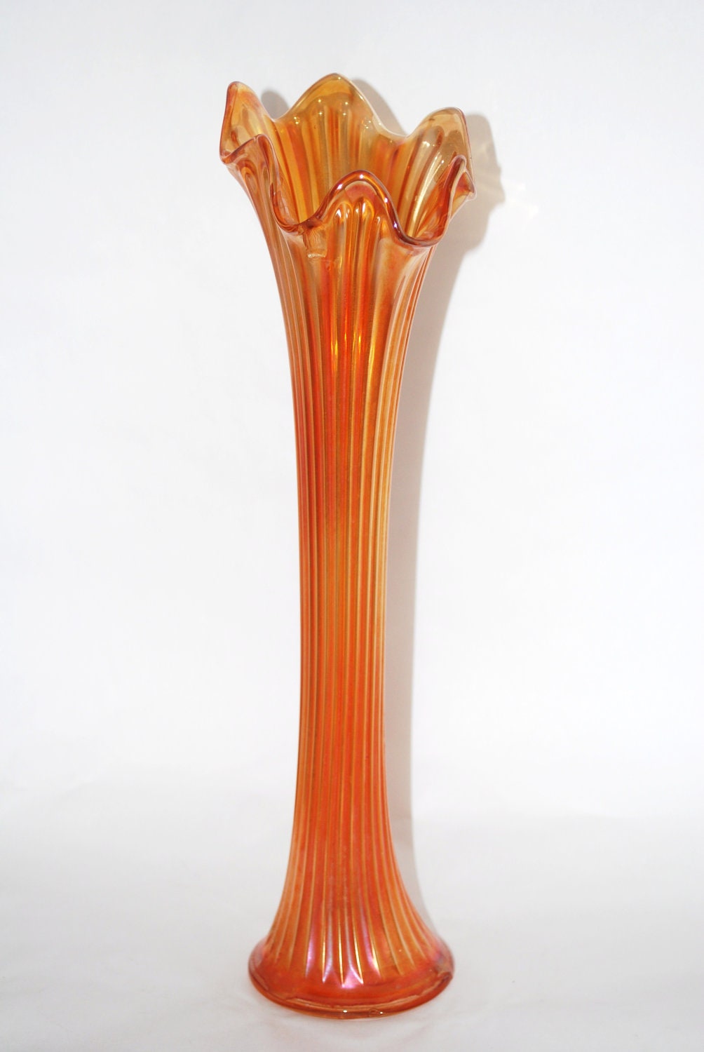 Tall Vintage Orange Carnival Glass Fluted Vase Etsy