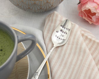 Matcha Made In Heaven Hand Stamped Vintage Silver Spoon, Valentines Day Gift, Galentines Day, Matcha Teaspoon, Matcha Tea
