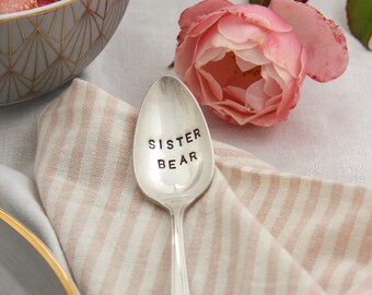 Sister Bear Hand-Stamped Vintage Silver-Plated Spoon, Gift for Sister, Gift for Daughter, Gift for Sibling, Gift for Kids, Kids Valentine