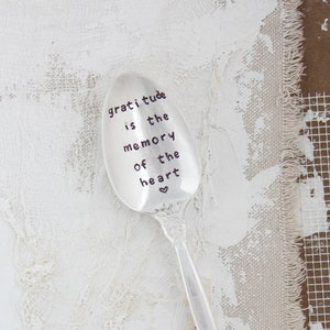 Gratitude Is The Memory Of The Heart Stamped Spoon, Gift for Friend, Gift for Her, Gift for Him, Engraved Spoon, Words On Spoons image 1