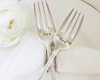 Mrs and Mrs Hand-stamped Vintage Fork Pair, Gay Wedding Gift, Lesbian Wedding Decor, LGBTQ Wedding, Wedding Cake Forks