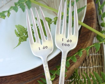 I do & I do too Vintage Hand Stamped Silverplated Dessert Forks, Wedding Gift, Engagement Gift, Backyard Wedding, LGBTQ Wedding