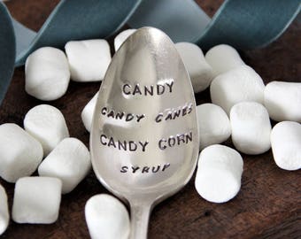 Candy Candy Canes Candy Corn Syrup, Stamped Spoon, Christmas Gift, Christmas Spoon, Cocoa Spoon, Christmas Elf, Elf Food Groups