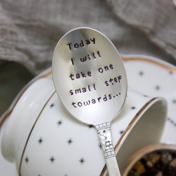 Today I will take one small step towards...  Hand-Stamped Vintage Spoon, Journal Prompt, Mindfulness Gift, Intentional Living