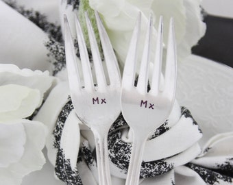 Mx & Mx Hand Stamped Vintage Cake Forks, Non-Binary Wedding, Gender Neutral Wedding, LGBTQIA+, Gender Neutral Honorific