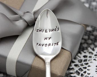 Smiling's My Favorite, Stamped Spoon, Christmas Gift, Funny Christmas, Christmas Spoon, Cocoa Spoon, Christmas Elf