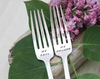 My Sail My Anchor Handstamped Vintage Forks, Wedding Gift, Wedding tabledecor