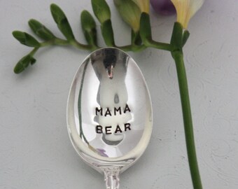 Mama Bear Hand Stamped, Vintage Silver Spoon