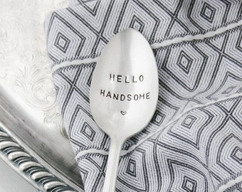 Hello Handsome, Stamped Spoon, Romantic Gift, Love Spoon, Gift For Him, Hello Beautiful, Couples Gift