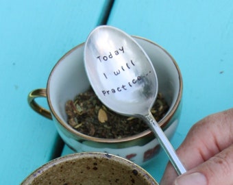 Today I will practice... Hand-Stamped Vintage Spoon, Journal Prompt, Mindfulness Gift, Intentional Living