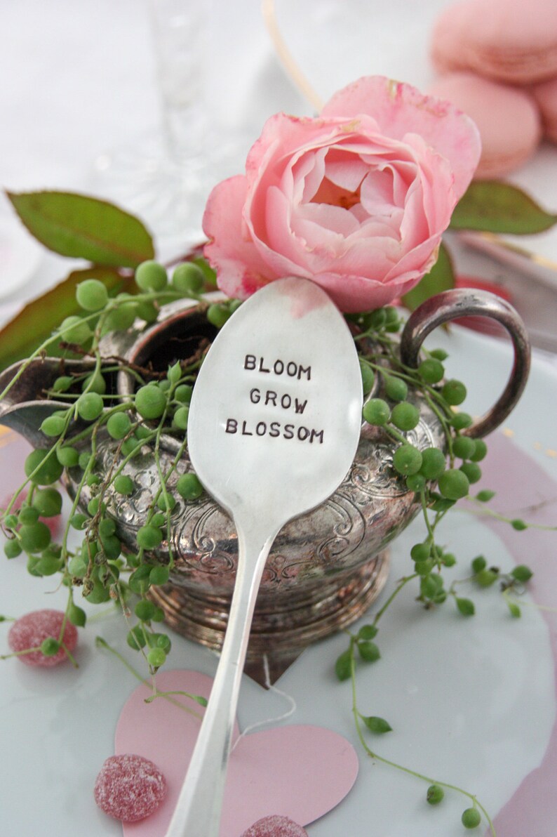 Bloom Grow Blossom Hand Stamped Vintage Silver Spoon, Garden Spoon, Plant Marker, Garden Gifts, Teacher Gifts, Sustainable, Gardening image 2