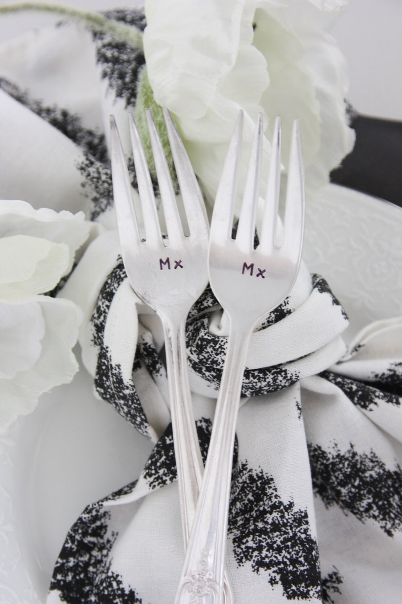 Mx & Mx Hand Stamped Vintage Cake Forks, Non-Binary Wedding, Gender Neutral Wedding, LGBTQIA, Gender Neutral Honorific Mx and Mx