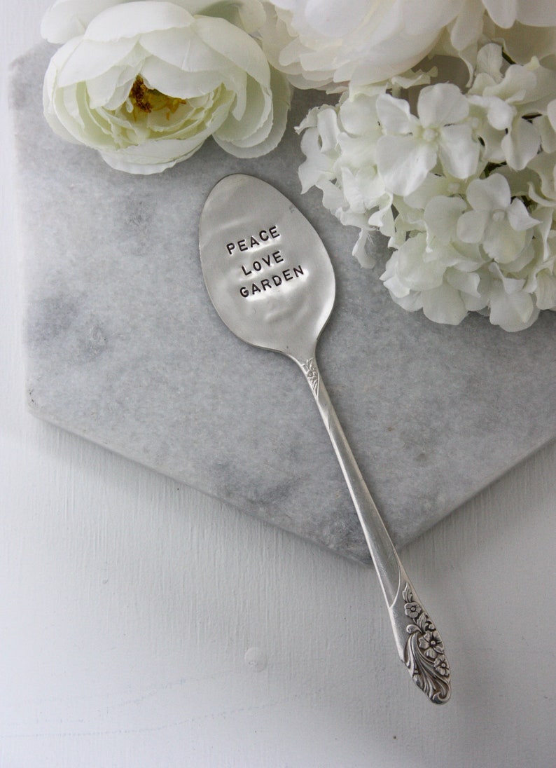 Peace Love Garden Hand Stamped Vintage Silver Spoon, Garden Decor, Sustainable, Garden Art, Mother's Day Gift, Gifts for Mom, Plant Lady image 3