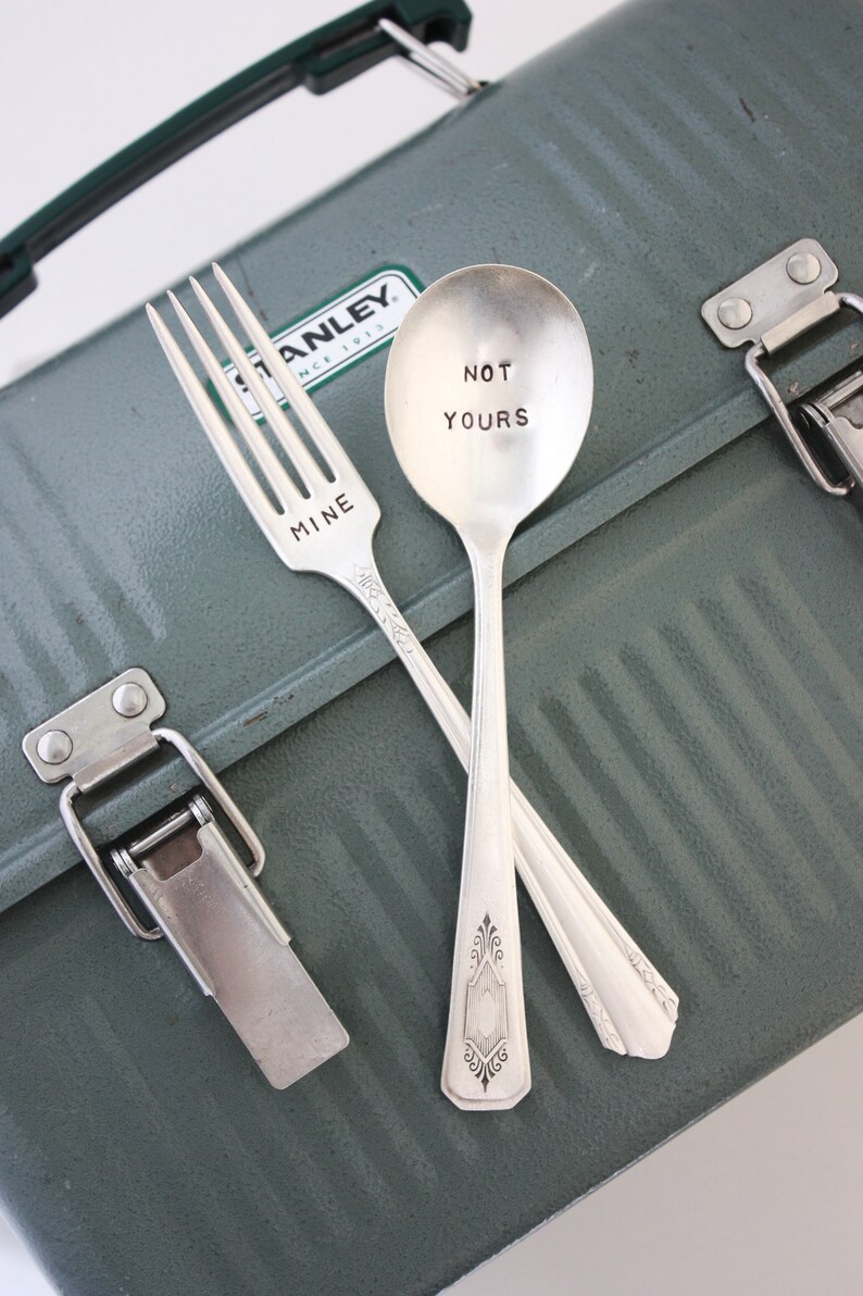 Minengabel und nicht dein Löffel, handgestempelte Vintage-Silberplatte, Zurück zur Schule, Zero Waste Utensils, Lunch Utensils Bild 1