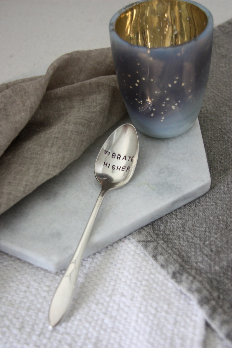 Foodie Gift Meditation Gift Spirituality Wellness Inspirational Gift Vibrate Higher Stamped Spoon Positive Affirmations Yoga Gifts