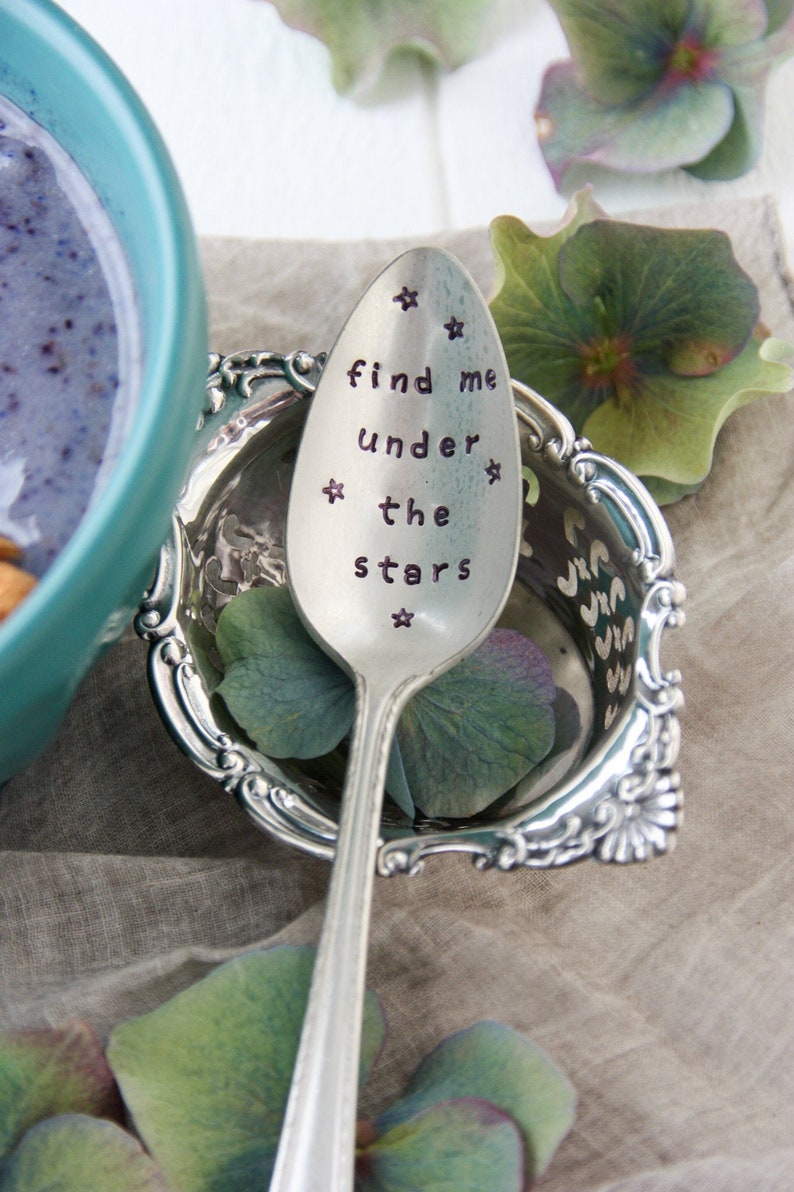 Find Me Under The Stars Hand-Stamped Vintage Silver-Plated Spoon, Celestial Gifts, Gift for Her, Stocking Stuffer, Celestial Decor, image 1