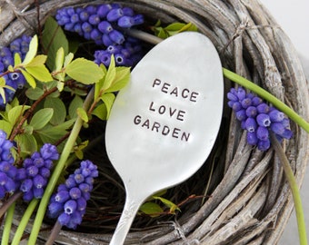 Peace Love Garden Hand Stamped Vintage Silver Spoon, Garden Decor, Sustainable, Garden Art, Mother's Day Gift, Gifts for Mom, Plant Lady