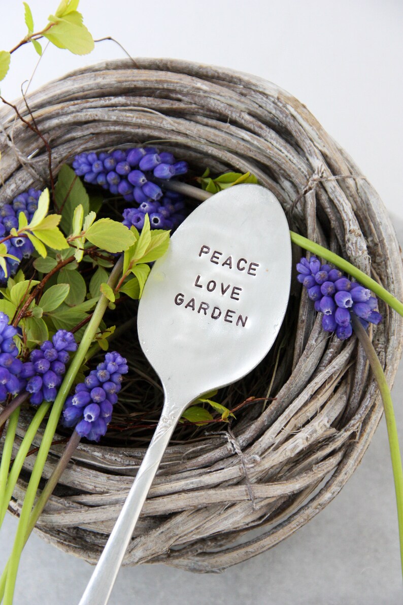 Peace Love Garden Hand Stamped Vintage Silver Spoon, Garden Decor, Sustainable, Garden Art, Mother's Day Gift, Gifts for Mom, Plant Lady image 1