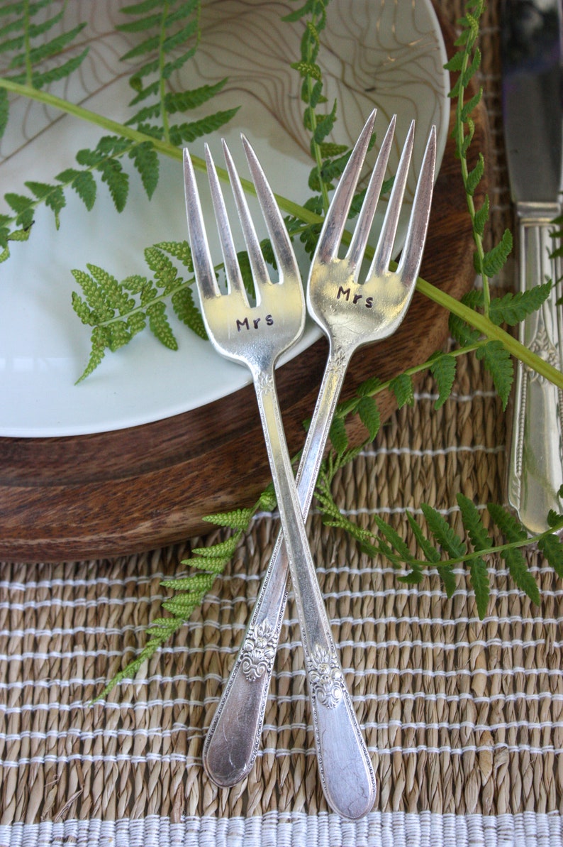 Mrs and Mrs Hand-stamped Vintage Fork Pair, Gay Wedding Gift, Lesbian Wedding Decor, LGBTQ Wedding, Wedding Cake Forks image 6