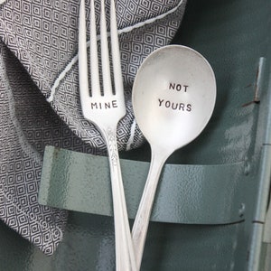 Mine Fork and Not Yours Spoon, Hand Stamped Vintage Silverplate, Back To School, Zero Waste Utensils, Lunch Utensils image 2