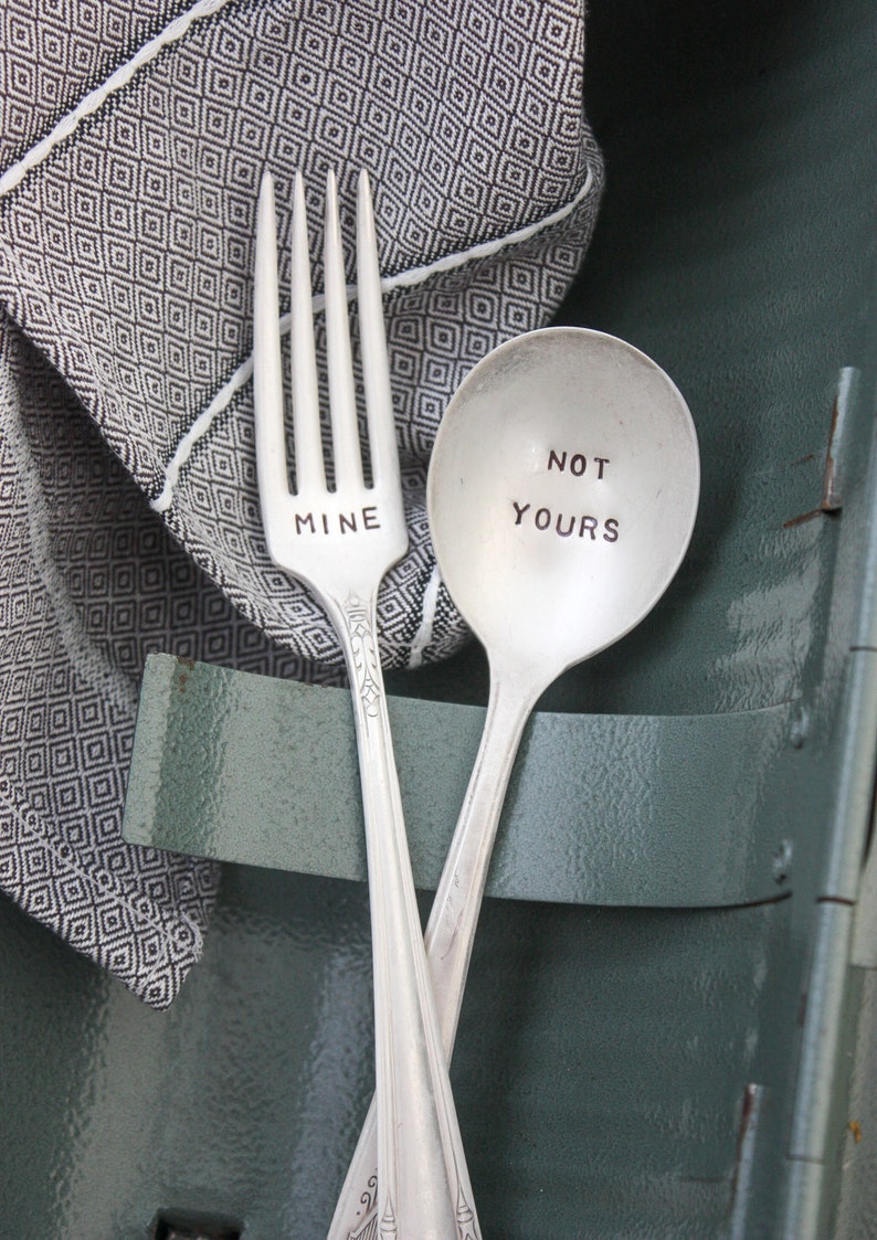 Minengabel und nicht dein Löffel, handgestempelte Vintage-Silberplatte, Zurück zur Schule, Zero Waste Utensils, Lunch Utensils Bild 2