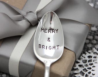 Merry & Bright Stamped Spoon, Hostess Gift, Christmas Gift, Christmas Decor, Christmas Spoon, Cocoa Spoon, Spoon for Santa