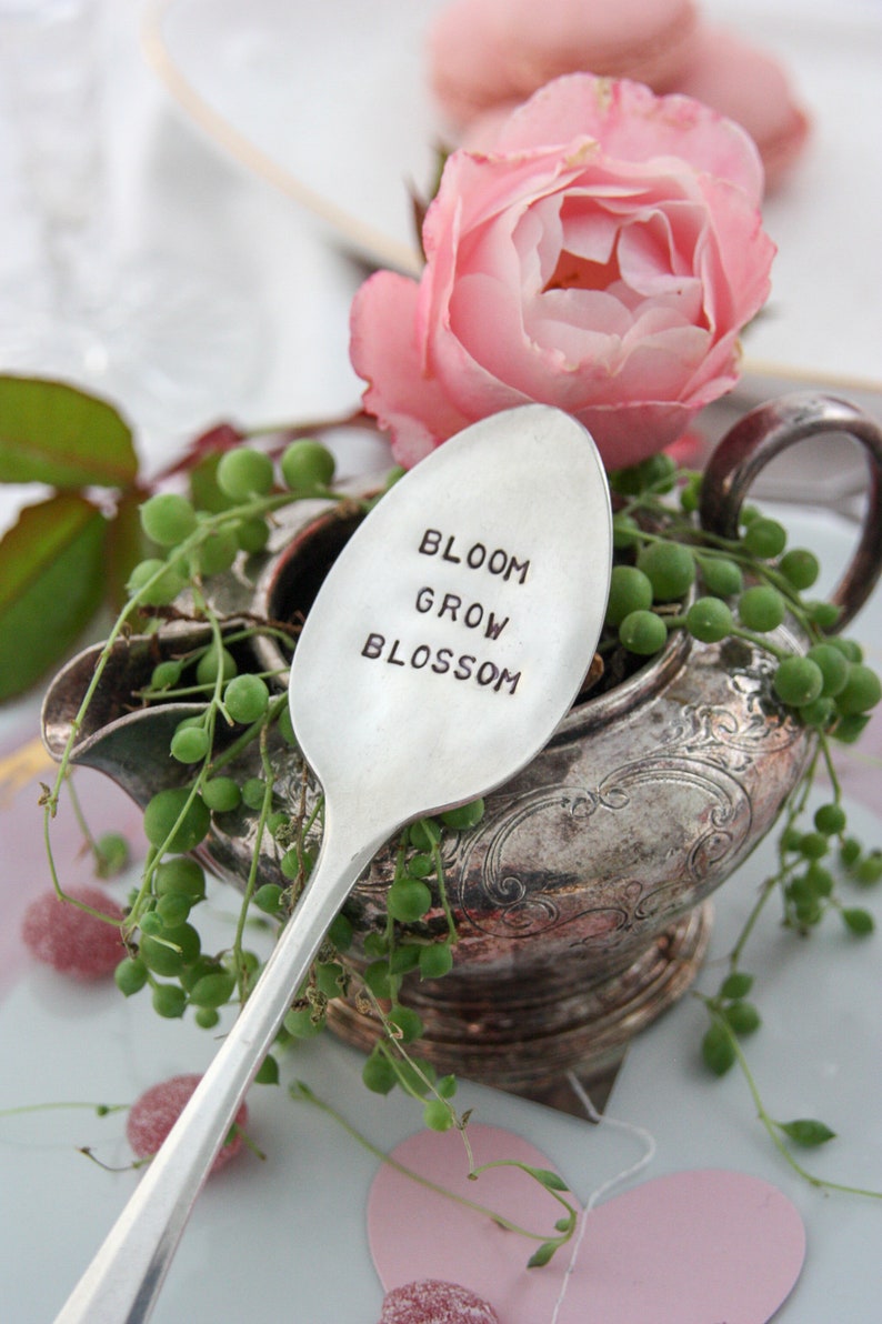 Bloom Grow Blossom Hand Stamped Vintage Silver Spoon, Garden Spoon, Plant Marker, Garden Gifts, Teacher Gifts, Sustainable, Gardening image 4